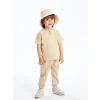 LCW Kids Bej Bisiklet Yaka Kısa Kollu Dokulu Kumaş Erkek Bebek Tişört
