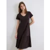 LCW Comfort Kahverengi V Yaka Katkat Elbise