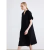 LCW EVERYDAY Siyah Gömlek Yaka Dokulu Oversize Müslin Elbise