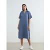 LCW EVERYDAY Mavi Gömlek Yaka Dokulu Oversize Müslin Elbise