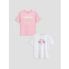 LCW Kids Pembe Bisiklet Yaka Baskılı Kız Çocuk Tişört 2li