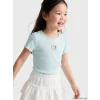 LCW Kids Turkuaz Bisiklet Yaka Nakışlı Kız Çocuk Fitilli Tişört