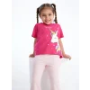 LCW Kids Fuşya Bisiklet Yaka Baskılı Kısa Kollu Kız Bebek Tişört