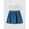 LCW baby Mavi Bebe Yaka Nakışlı Kız Bebek Jean Elbise