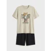 LC WAIKIKI Gri Bisiklet Yaka Teddy Baskılı Erkek Şortlu Pijama Takımı