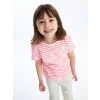 LCW Kids Pembe Bisiklet Yaka Kısa Kollu Çizgili Kız Bebek Tişört