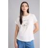 Defacto H7605AXER105 Ekru Regular Fıt Bisiklet Yaka Floral Kısa Kollu Tişört