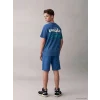 LCW Kids Mavi Bisiklet Yaka Slogan Baskılı Erkek Çocuk Tişört