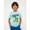 LCW Kids Turkuaz Bisiklet Yaka Baskılı Kısa Kollu Erkek Çocuk Tişört