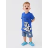 LCW baby Mavi Bisiklet Yaka Kısa Kollu Nostaljik Maymun Baskılı Erkek Bebek Tişört