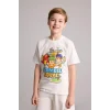 Defacto H8306A8ER105 Ekru Stumble Guys Oversıze Bisiklet Yaka Kısa Kollu Tişört Erkek Çocuk