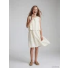 LCW Kids Ekru Bisiklet Yaka Nakışlı Kız Çocuk Poplin Elbise