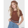 LCW Kids Kahverengi Bisiklet Yaka Nakışlı Kız Çocuk Tişört