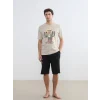 LC WAIKIKI Gri Bisiklet Yaka Teddy Baskılı Erkek Şortlu Pijama Takımı