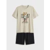 LC WAIKIKI Gri Bisiklet Yaka Teddy Baskılı Erkek Şortlu Pijama Takımı