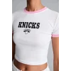 Defacto H9406AXER105 Ekru NBA New York Knıcks Lisanslı Slım Fıt Bisiklet Yaka Sporcu Ribana Kısa Kollu Ekru Tişört