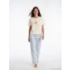 LCW DREAM Ekru Bisiklet Yaka Desenli Kadın Pijama Takım