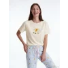 LCW DREAM Ekru Bisiklet Yaka Desenli Kadın Pijama Takım