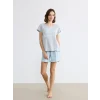 LCW DREAM Mavi Bisiklet Yaka Baskılı Kadın Şortlu Pijama Takımı