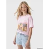 LCW Kids Pembe Bisiklet Yaka Baskılı Kız Çocuk Tişört
