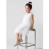 LCW Kids Ekru Bisiklet Yaka Baskılı Kız Çocuk Tül Elbise