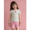 LCW Kids Ekru Bisiklet Yaka Çizgili Kız Çocuk Fitilli Tişört