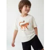 LCW Kids Bej Bisiklet Yaka Baskılı Erkek Çocuk Tişört