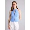 Defacto H9073AXBE60 Mavi %100 Pamuk Fıtted Halter Yaka Kolsuz Mavi Bluz