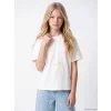 LCW Kids Ekru Bisiklet Yaka Fiyonk Nakışlı Kız Çocuk Tişört