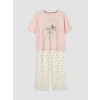 LCW DREAM Ekru Bisiklet Yaka Baskılı Kadın Pijama Takımı