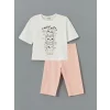 LCW Kids Ekru Bisiklet Yaka Baskılı Kız Çocuk Şortlu Pijama Takımı