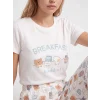 LCW Young Ekru Bisiklet Yaka Baskılı Kadın Kaprili Pijama Takımı