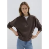 Mavi 1S10533-71603 MVJNS Nakışlı Yarı Fermuarlı Kahverengi Sweatshirt