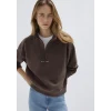 Mavi 1S10533-71603 MVJNS Nakışlı Yarı Fermuarlı Kahverengi Sweatshirt