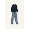 Defacto H9320AXNV135 Lacivert %100 Pamuk Regular Fit Bisiklet Yaka Uzun Kollu Baskılı Üst Çizgili Alt Pijama Takımı