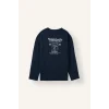 Defacto H9320AXNV135 Lacivert %100 Pamuk Regular Fit Bisiklet Yaka Uzun Kollu Baskılı Üst Çizgili Alt Pijama Takımı