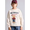 Defacto I3298A8BG734 Bej Oversize Bisiklet Yaka Ayıcık Figürlü Baskılı Uzun Kollu Sweatshirt Erkek Çocuk