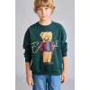 Defacto I3299A8GN536 Yeşil Oversize Bisiklet Yaka Ayıcık Figürlü Baskılı Uzun Kollu Sweatshirt Erkek Çocuk