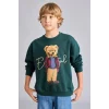 Defacto I3299A8GN536 Yeşil Oversize Bisiklet Yaka Ayıcık Figürlü Baskılı Uzun Kollu Sweatshirt Erkek Çocuk