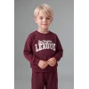 Defacto H8483A5BR115 Bordo %100 Pamuk Bisiklet Yaka Baskılı Sweatshirt Üst Esnek Belli Eşofman Altı 2li Takım Erkek Bebek
