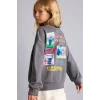 Defacto I5227A8GR206 Gri Dısney Lılo & Stıtch Sırt Baskılı Relax Fit Bisiklet Yaka Sweatshirt Kız Çocuk