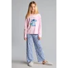 Defacto I1875A8PN693 Pembe %100 Pamuk Dısney Lılo & Stıtch Lisanslı Uzun Kolu Pijama Üstü Esnek Belli Uzun Pijama Altı 2li Pijama Takımı Kız Çocuk