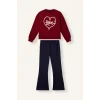 Defacto I1136A8BR229 Bordo Bisiklet Yaka Baskılı Sweatshirt Üst İspanyol Paça Tayt Alt 2li Takım Kız Çocuk