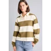 Defacto I2960AXBG759 Bej %100 Pamuk Long Fit Polo Yaka Uzun Kollu Çizgili Sweatshirt