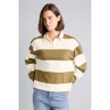 Defacto I2960AXBG759 Bej %100 Pamuk Long Fit Polo Yaka Uzun Kollu Çizgili Sweatshirt