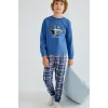 Defacto H6686A8BE341 Mavi Regular Fit Baskılı ve Ekoseli 2li Erkek Çocuk Pijama Takımı