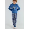 Defacto H6686A8BE341 Mavi Regular Fit Baskılı ve Ekoseli 2li Erkek Çocuk Pijama Takımı