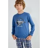 Defacto H6686A8BE341 Mavi Regular Fit Baskılı ve Ekoseli 2li Erkek Çocuk Pijama Takımı