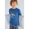 Defacto H6686A8BE341 Mavi Regular Fit Baskılı ve Ekoseli 2li Erkek Çocuk Pijama Takımı