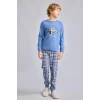 Defacto H6686A8BE341 Mavi Regular Fit Baskılı ve Ekoseli 2li Erkek Çocuk Pijama Takımı